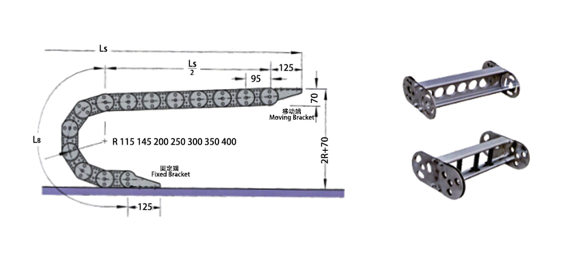 TL125型鋼鋁拖鏈安裝尺寸圖 TL125型鋼鋁拖鏈安裝尺寸圖